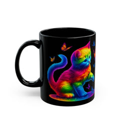 Rainbow Cat & Butterflies Black Mug — Vibrant Neon Kitty Coffee Cup (11oz/15oz)