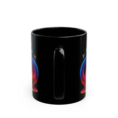 Rainbow Cat & Butterflies Black Mug — Vibrant Neon Kitty Coffee Cup (11oz/15oz)