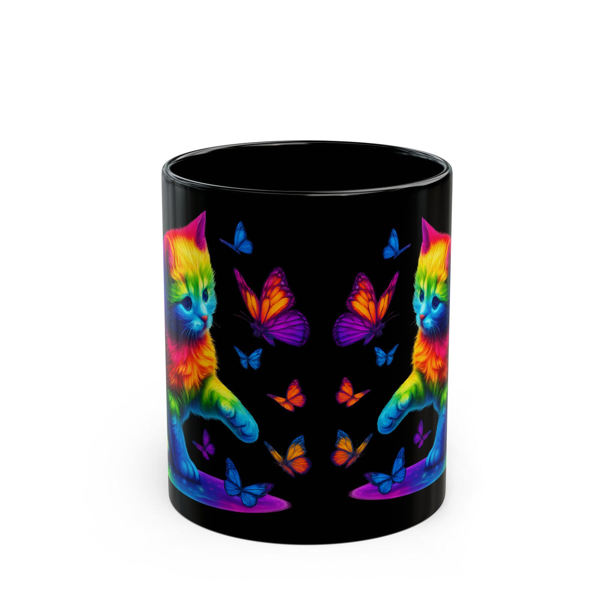 Rainbow Cat & Butterflies Black Mug — Vibrant Neon Kitty Coffee Cup (11oz/15oz)