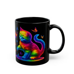 Rainbow Cat & Butterflies Black Mug — Vibrant Neon Kitty Coffee Cup (11oz/15oz)